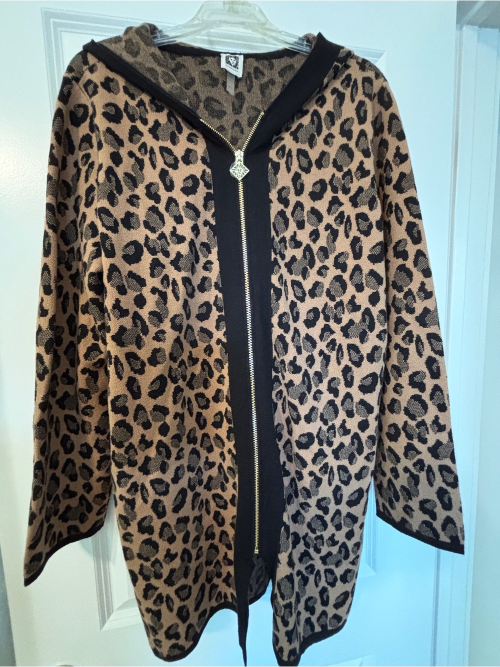 Anne Klein Leopard Print Hooded Zip Jacket - Tan & Black